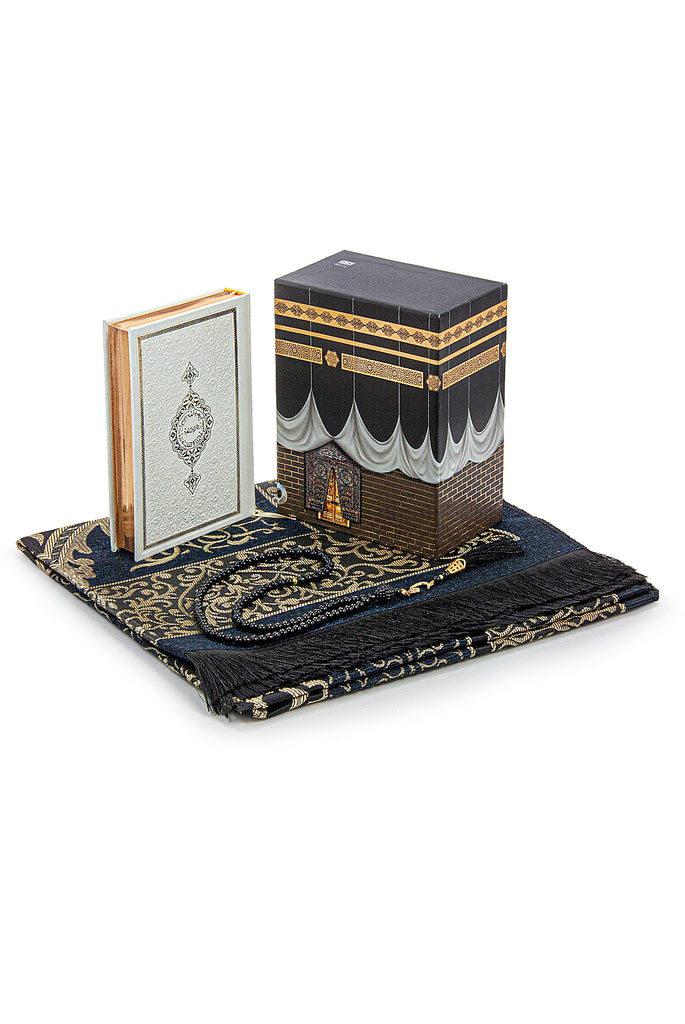 Muslimischer Gebetsteppich und Koran mit Gebetsperlen, Kaaba-Dekorbox, islamisches Geschenk für Frauen und Männer, elegantes Islam-Set für Ramadan, Eid, Umrah, Geburtstag, Reisen