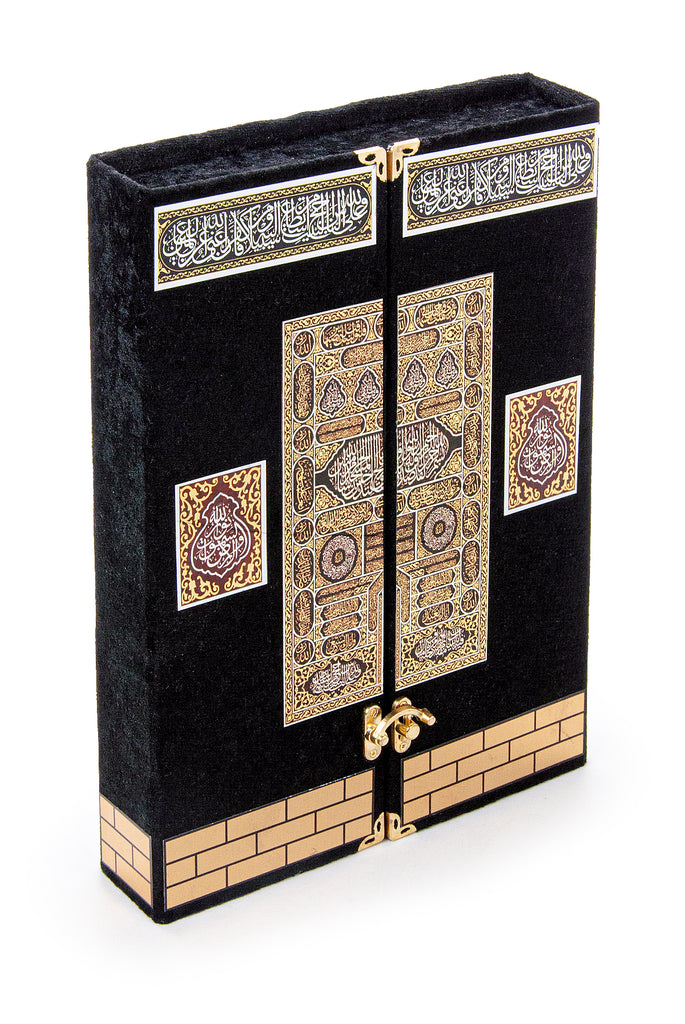 Velvet Covered Holy Quran Set and Kaaba Door Paterned Box with Stand