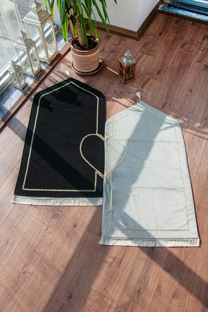 2 Heart Shaped Sponge Prayer Rugs, Islamic Gift For Couples, Black & Gray