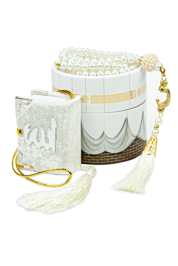 Velvet Covered Mini Quran & Prayer Beads Rosary with Kaaba Designed Cylinder Gift Box, Ramadan & Eid Gift