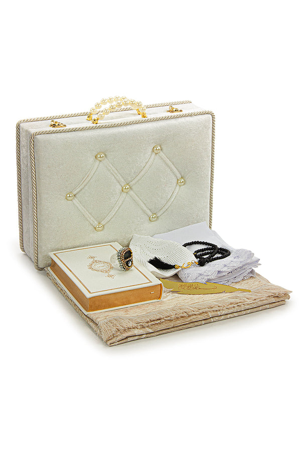 Holy Quran and Prayer Rug Set with Velvet Covered Pearl Case