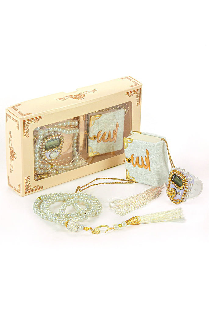 Mini-Samt-Koran-Set mit islamischem Fingerzähler, tragbarem digitalen Tasbeeh, muslimischen Gebetsperlen, Perlen-Zikirmatik-Perlen, 3-teiliges Geschenkset für Mevlüt