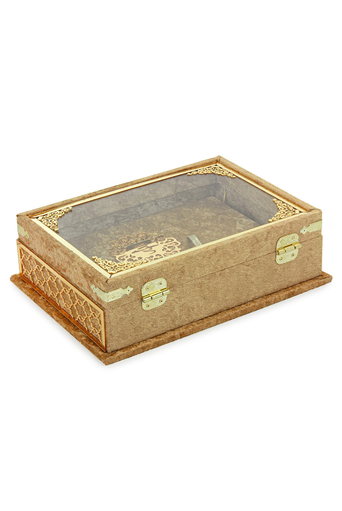 Velvet Covered Holy Quran Gift Set | Gold Embellished Glass-Top Rehal Box | Decorative Islamic Display for Ramadan & Eid