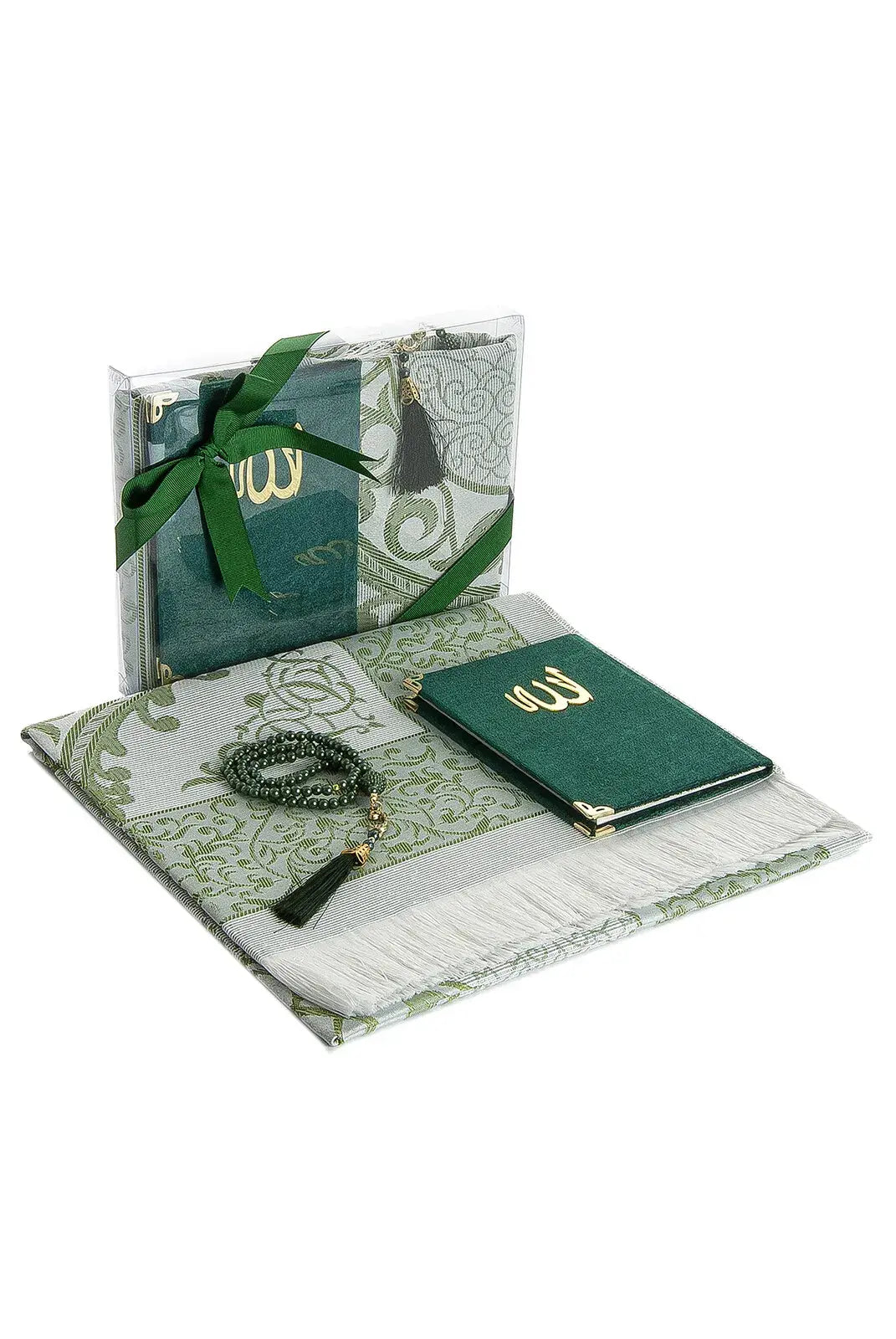 Luxury Dowry Prayer Set – Tafta Prayer Rug, Velvet Yasin Book & Tasbeeh in Gift Box
