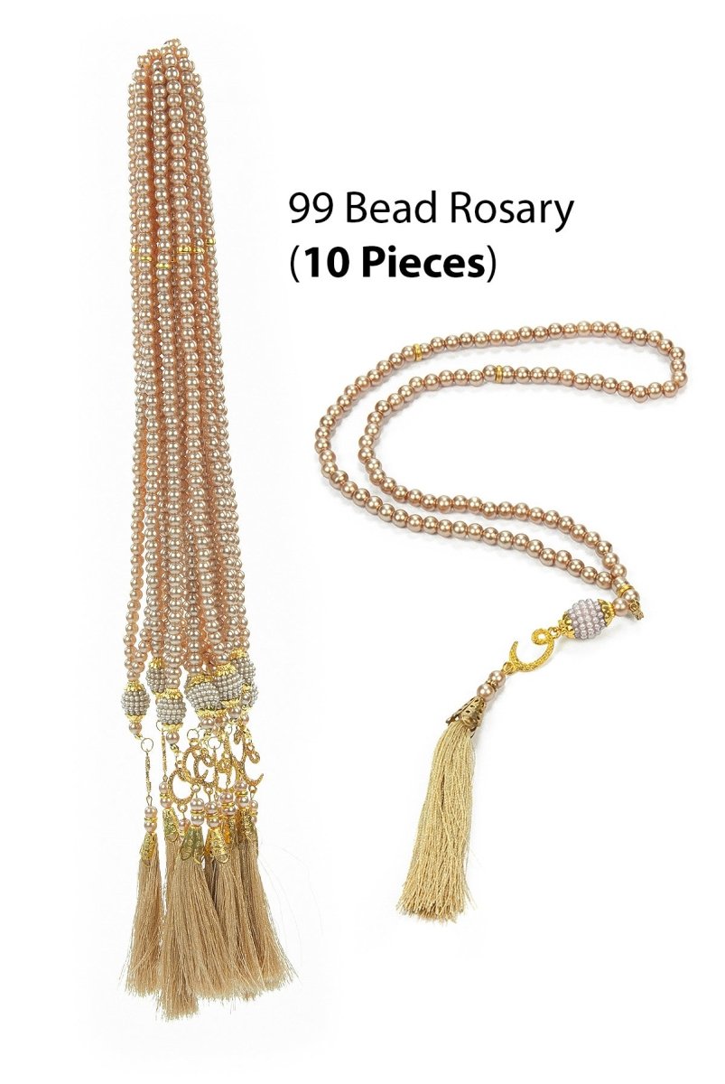 10 Pieces 99 - Bead Pearl Tasbih, Vav Letter, Ideal for Mevlid, Hajj, and Umrah Gifts - Gold - ihvan