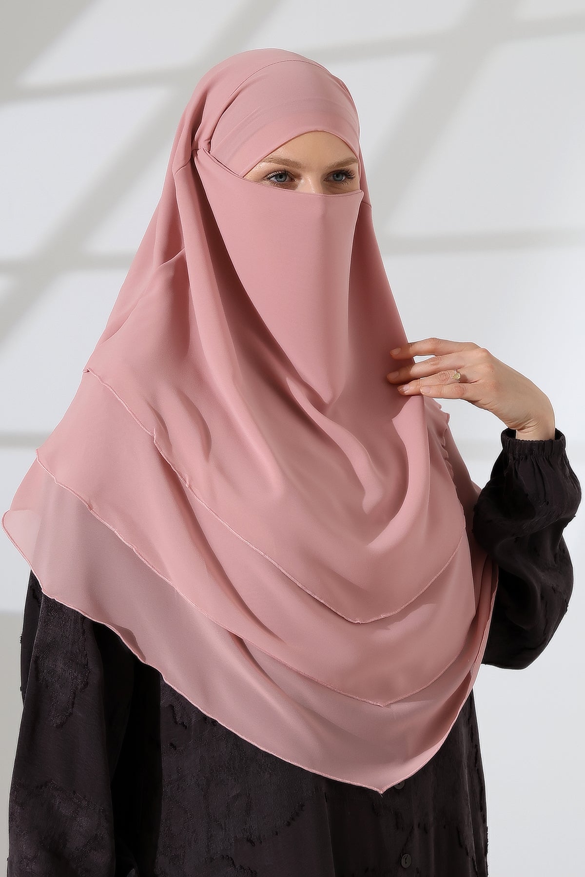 Muslim Prayer Hijab 3 Layers, Chiffon Khimar with Niqab Face Veil, Breathable Layered Ruffle Instant Long Scarf for Women, Oval Cut