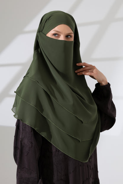 Muslim Prayer Hijab 3 Layers, Chiffon Khimar with Niqab Face Veil, Breathable Layered Ruffle Instant Long Scarf for Women, Oval Cut