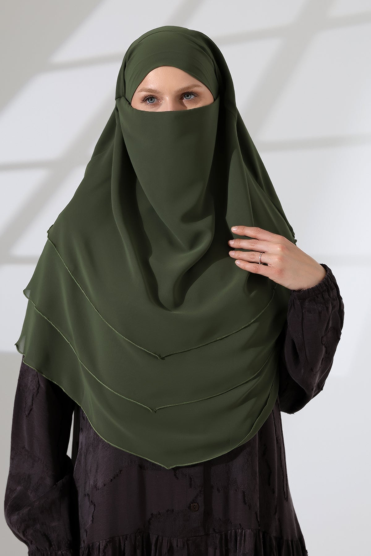 Muslim Prayer Hijab 3 Layers, Chiffon Khimar with Niqab Face Veil, Breathable Layered Ruffle Instant Long Scarf for Women, Oval Cut
