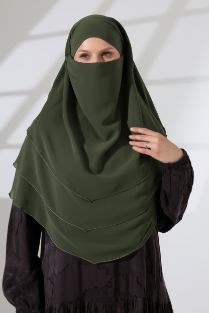 Muslim Prayer Hijab 3 Layers, Chiffon Khimar with Niqab Face Veil, Breathable Layered Ruffle Instant Long Scarf for Women, Oval Cut