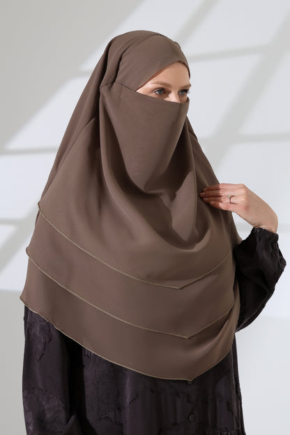 Muslim Prayer Hijab 3 Layers, Chiffon Khimar with Niqab Face Veil, Breathable Layered Ruffle Instant Long Scarf for Women, Oval Cut