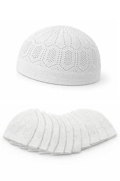 12 - Pack White Muslim Kufi Hat & Prayer Cap | Taqiyah | Takke | Peci | Standard Size Islamic Skullcaps - ihvan