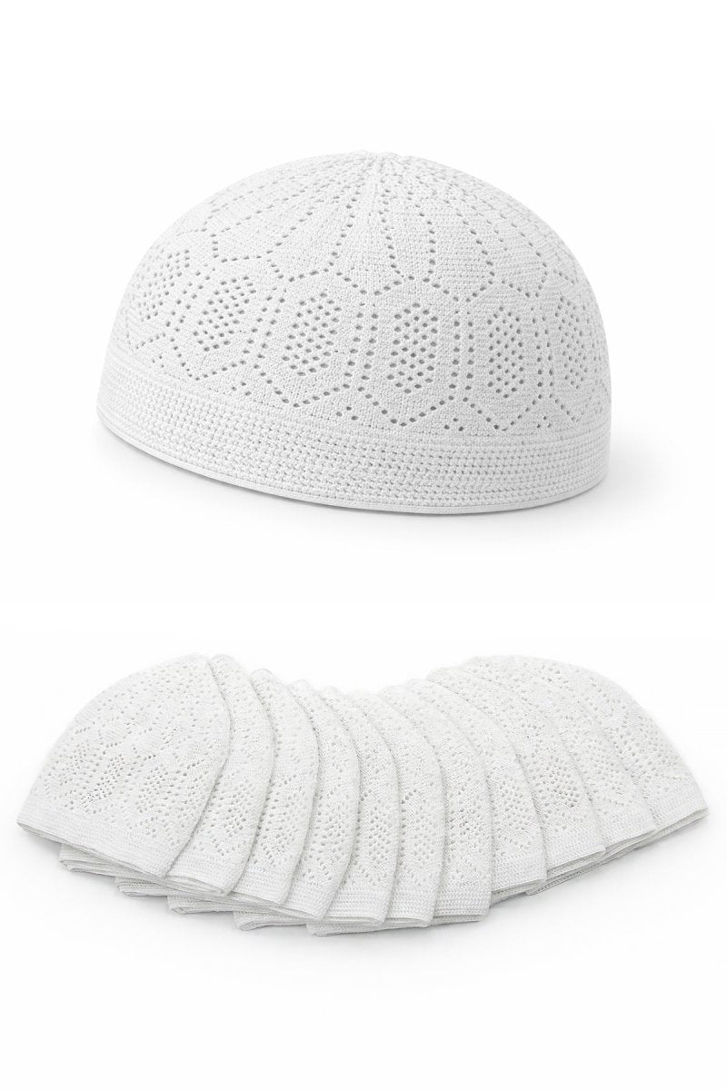 12 - Pack White Muslim Kufi Hat & Prayer Cap | Taqiyah | Takke | Peci | Standard Size Islamic Skullcaps - ihvan