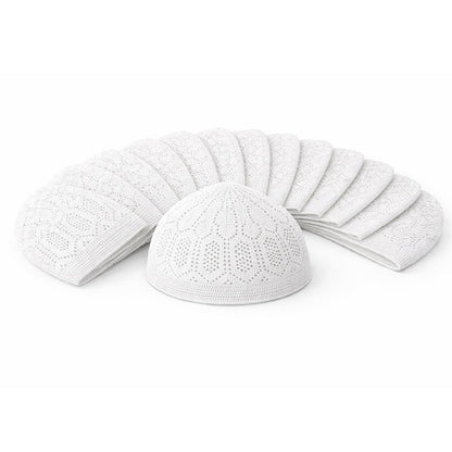 12 - Pack White Muslim Kufi Hat & Prayer Cap | Taqiyah | Takke | Peci | Standard Size Islamic Skullcaps - ihvan
