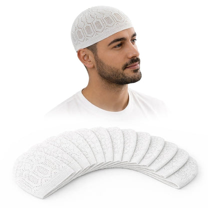 12 - Pack White Muslim Kufi Hat & Prayer Cap | Taqiyah | Takke | Peci | Standard Size Islamic Skullcaps - ihvan
