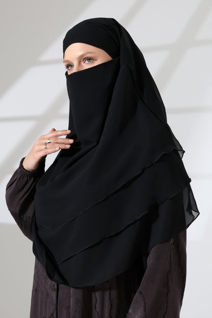 Muslim Prayer Hijab 3 Layers, Chiffon Khimar with Niqab Face Veil, Breathable Layered Ruffle Instant Long Scarf for Women, Oval Cut
