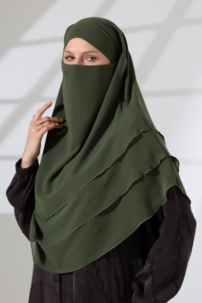 Muslim Prayer Hijab 3 Layers, Chiffon Khimar with Niqab Face Veil, Breathable Layered Ruffle Instant Long Scarf for Women, Oval Cut