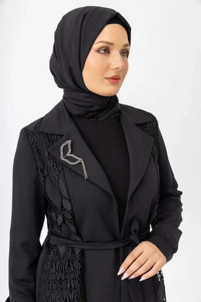 Siyah İki Parça Güpürlü Kemerli Abaya Zerenay 5509-25