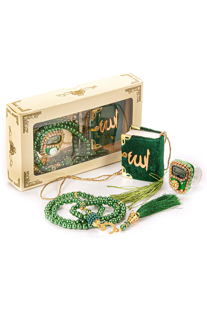 Mini Velvet Quran Set with Islamic Finger Counter and Prayer Rosary,  Muslim Prayer Set