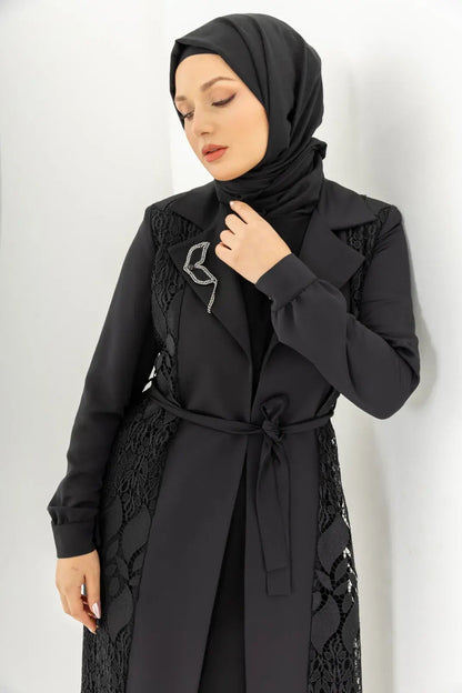 Siyah İki Parça Güpürlü Kemerli Abaya Zerenay 5509-25