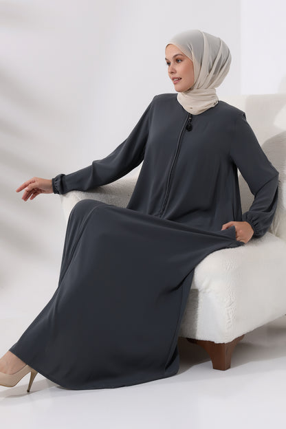 Antrasit Fermuarlı Kolu Lastikli Medine İpeği Mevlana Model Tesettür Ferace