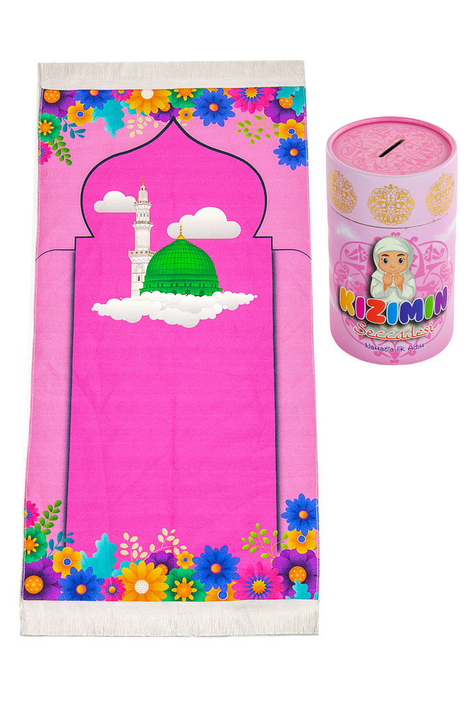 Muslim Al-Aqsa Mosque Designed PinkPrayer Rug for Kids with Prayer Rosary & Moneybox
