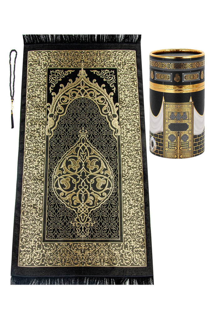 Muslimischer weicher Gebetsteppich/Teppichmatte und Gebetsperlen mit elegantem Design, Zylinder-Geschenkbox-Set | Janamaz | Sajadah | Islamisch | Taftstoff, Schwarz / Mod2