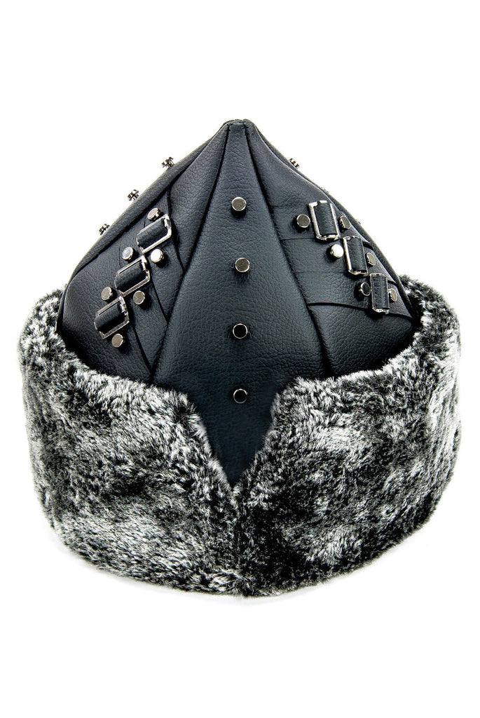 Miss Tesettür Turkish Ottoman Bork Hat, Ertugrul Leather Fur Winter Cap, Grey Faux Fur and Black Faux Leather