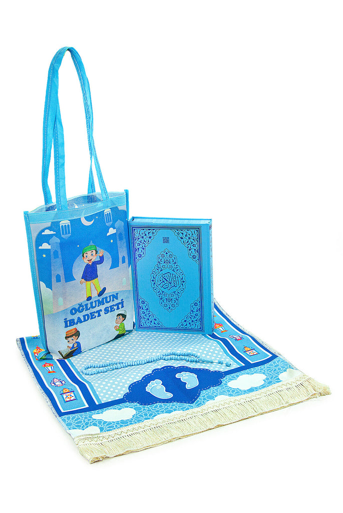 Muslim Prayer Rug for Kids, Prayer Beads, Holy Quran, Kids Prayer Mat, Worship Bag, Praying Mat Set for Islamic Gifts, Soft Salah Mat Carpet for Travel, Design Janamaz Sajadah, Blue Bag