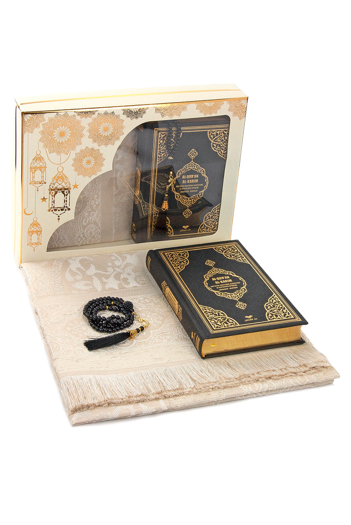 Gebets-Geschenkbox für Hajj und Umrah, muslimischer Gebetsteppich, islamische Matte, 99 Tesbih-Perlenperlen, heiliger Koran mit deutscher Übersetzung, islamisches Deluxe-Set für Ramadan- und Eid-Geschenk