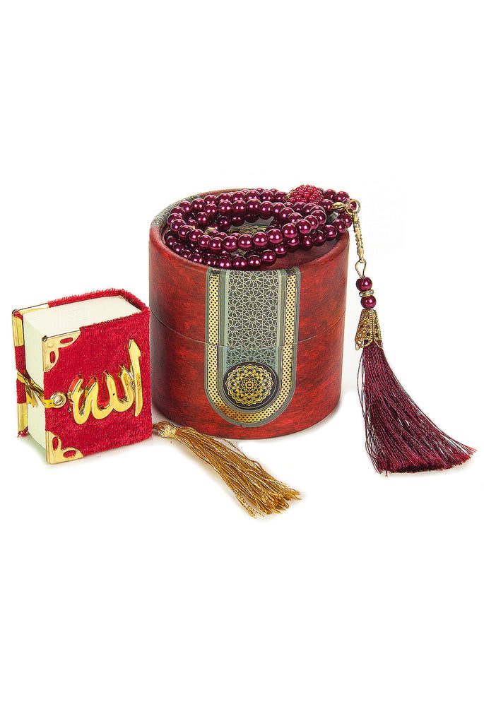 4 Colors Islamic Prayer Cylinder Gift Box with Elegant Velvet Covered Mini Quran & Prayer Beads Tesbih, Ramadan & Eid Gift