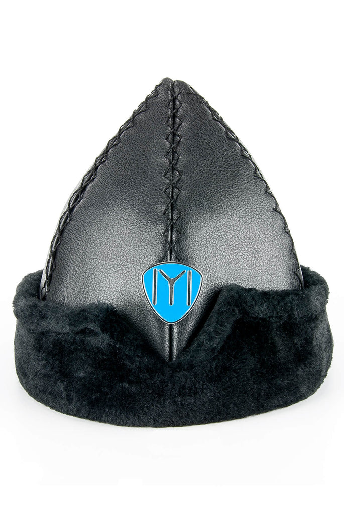 Turkish Ertugrul Ottoman Black Leather and Fur Winter Bork Hat, Arms Kayi Tribe Alp IYI
