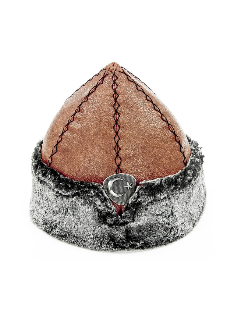 Turkish Ertugrul Ottoman Brown Leather and Gray Fur Winter Bork Hat, Moon and Star