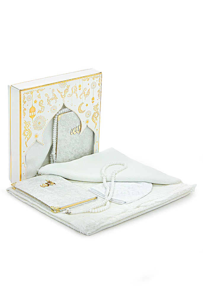 Prayer Rug Gift Set for Men & Women, Muslim, Islamic Gift Set for Ramadan & Eid, White