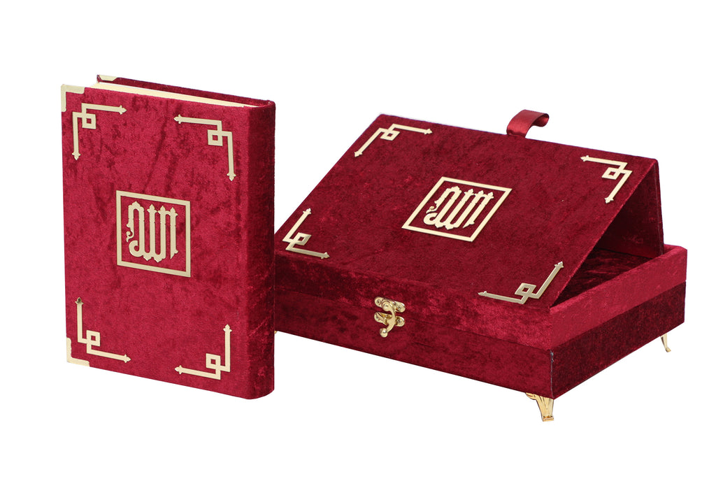 Besonders elegante, mit Samt überzogene dekorative Box mit Rahel, mit Samt überzogenes Koranbuch auf Arabisch, islamische Dekorationen für Zuhause, muslimische Heim- und Tischdekoration, perfekte islamische Ramadan-Eid-Geschenke