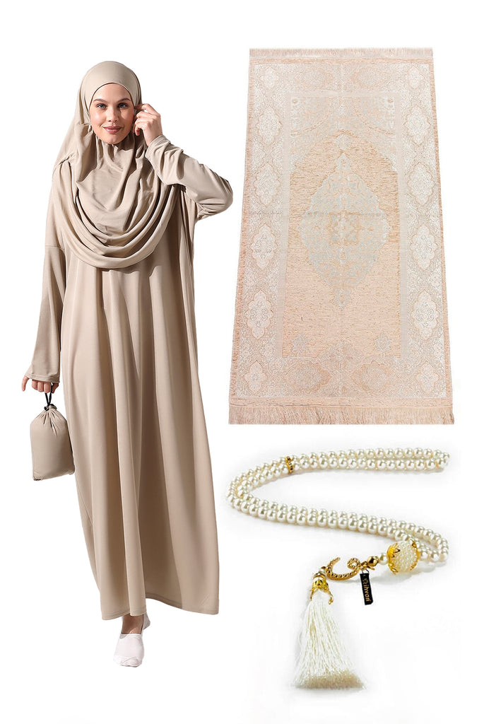 Muslimische Kleider für Frauen, einteiliges, langärmliges islamisches Gebetskleid mit Gebetsteppich und Perlen, Abaya-Gebetsset, islamisches Geschenkset für Frauen, Komfort