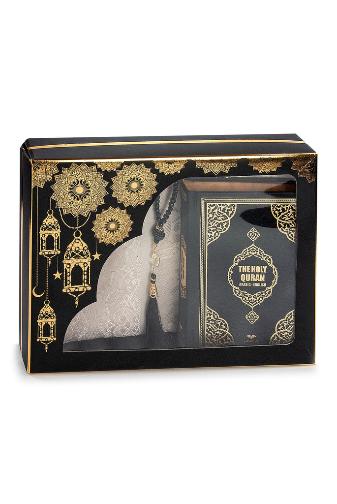 Gebets-Geschenkbox für Hajj und Umrah, Koran mit englischer Übersetzung, muslimischer Gebetsteppich, islamische Matte, Heiliger Koran, 99 Perlen-Tesbih, islamisches Deluxe-Set für Ramadan- und Eid-Geschenk