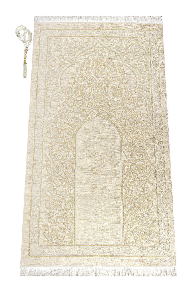 Chenille Mihrab Designed Prayer Rug with Prayer Beads, Islamic Gifts