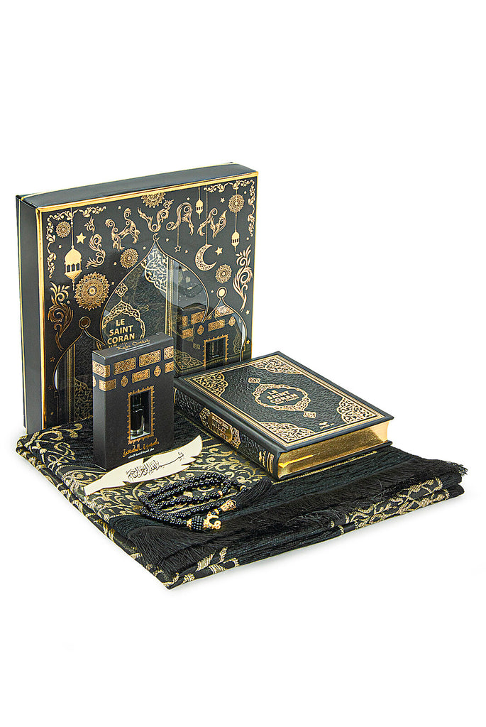 French Translated Prayer Gift Set for Hajj and Umrah, Muslim Prayer Rug, Prayer Mat, Beads Taasbih, Holy Quran Translated French, Muslim Praying Mat, Islamic Gift Set for Ramadan & Eid, Black