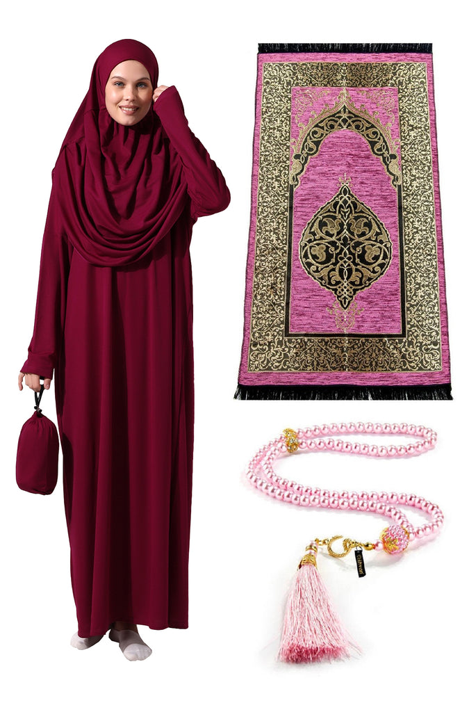 Muslimische Kleider für Frauen, einteiliges, langärmliges islamisches Gebetskleid mit Gebetsteppich und Perlen, Abaya-Gebetsset, islamisches Geschenkset für Frauen, Komfort