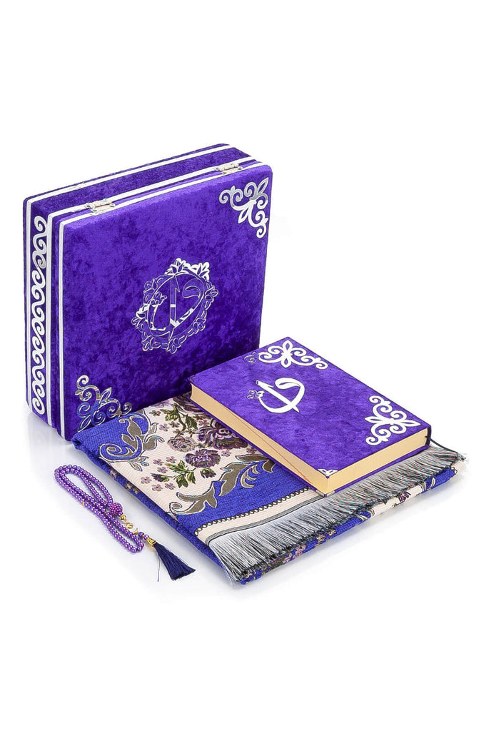 Luxury Islamic Prayer Velvet Covered Gift Box, Deluxe 4 Piece Set with Elegant Velvet Covered Quran & Prayer Beads Tesbih & Prayer Rug, Ramadan & Eid Gift, Purple