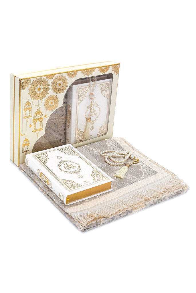 Gebets-Geschenkbox für Hajj und Umrah, muslimischer Gebetsteppich, islamische Matte, 99 Perlen-Tesbih, Heiliger Koran mit französischer Übersetzung, islamisches Deluxe-Set für Ramadan- und Eid-Geschenk