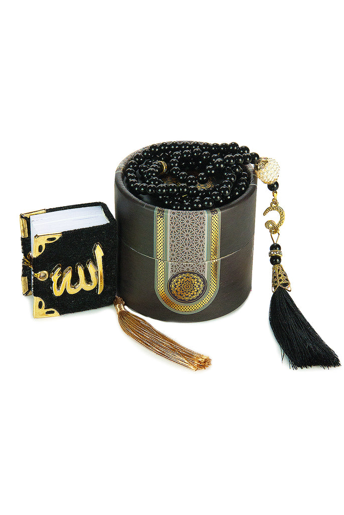 Velvet Covered Mini Quran & Prayer Beads Rosary with Cylinder Gift Box, Ramadan & Eid Gift