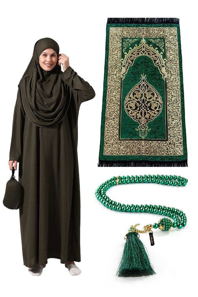 Muslimische Kleider für Frauen, einteiliges, langärmliges islamisches Gebetskleid mit Gebetsteppich und Perlen, Abaya-Gebetsset, islamisches Geschenkset für Frauen