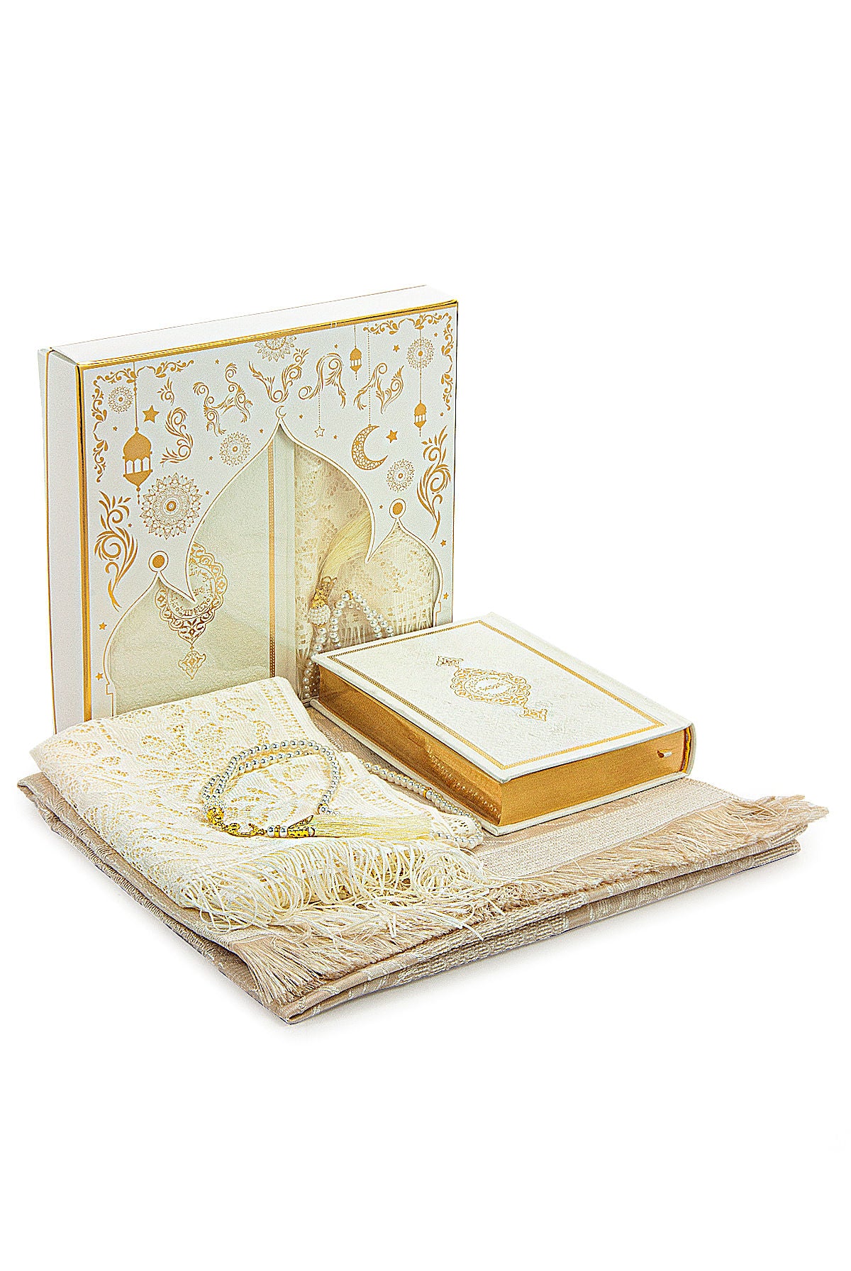 Luxury Dowry Prayer Set – Tafta Prayer Rug, Termo Leather Quran, Pearl Tasbeeh, and Scarf in Gift Box