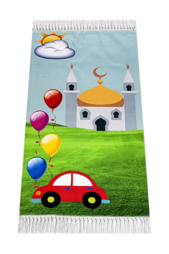 Car and Baloon - Green, Prayer Mat for Boys, Muslim Prayer Rug for Small Size, Digital Printed Unique Design Janamaz Sajadah, Soft Salah Travel Mat Carpet, Islamic Gifts for Boys