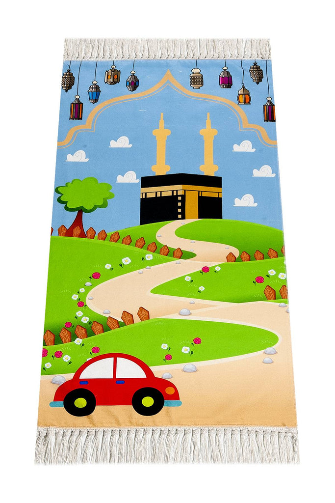 Kaaba and Car - Green, Prayer Mat for Boys, Muslim Prayer Rug for Small Size, Digital Printed Unique Design Janamaz Sajadah, Soft Salah Travel Mat Carpet, Islamic Gifts for Boys