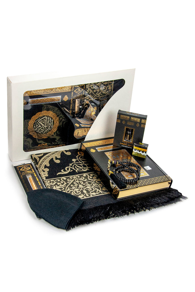 Luxuriöse Geschenkbox für islamische Gebete, Koran und Gebetsperlen, Tesbih, muslimischer Gebetsteppich, Miswak-Stab, fester Geruch, Kufi-Hüte und Hacerul Esved, 8-teiliges Deluxe-Set, Ramadan- und Eid-Geschenk