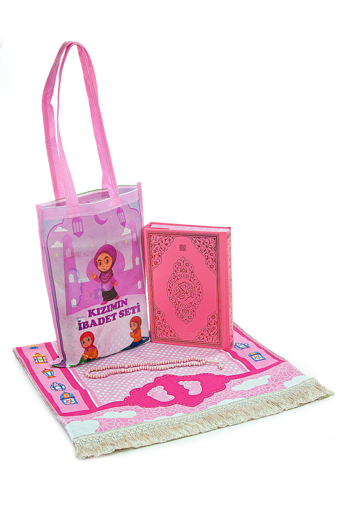 Muslim Prayer Rug for Kids, Prayer Beads, Holy Quran, Kids Prayer Mat, Worship Bag, Praying Mat Set for Islamic Gifts, Soft Salah Mat Carpet for Travel, Design Janamaz Sajadah, Pink Bag