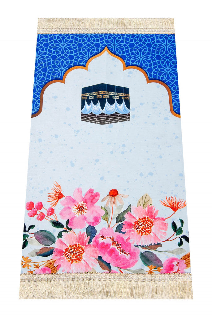 Kaaba - Blue, Prayer Mat for Boys, Muslim Prayer Rug for Small Size, Digital Printed Unique Design Janamaz Sajadah, Soft Salah Travel Mat Carpet, Islamic Gifts for Boys
