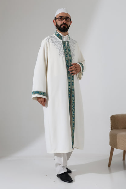 Nakış İşlemeli Hakim Yaka İmam Cübbesi, Çıt Çıtlı Cepli Namaz Cübbesi Yeşil Bordürlü - Krem